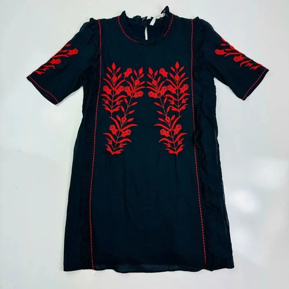 Zara Embroidered Dress Floral Ruffle Trim Black Red‎ Short Sleeve Size XS - Picture 3 of 10